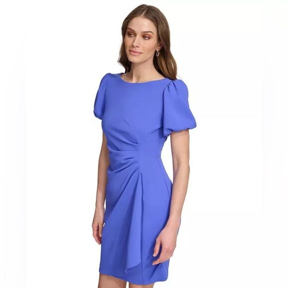 DKNY Ruched Bubble Sleeve Mini Sheath Boatneck Dress Size 4P Cobalt Blue NEW - Picture 12 of 16